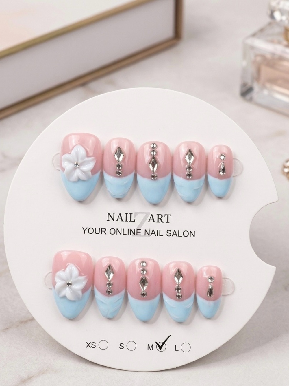 Nail Art Press-On Set - Pink & Light Blue with Rhinestones